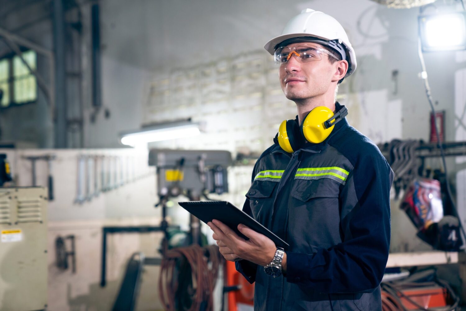 Young factory worker using adept tablet computer in a workshop building.